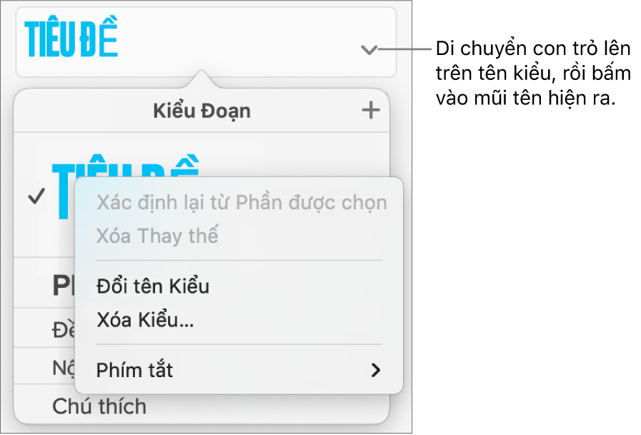Menu Kiểu đoạn với menu phím tắt mở.