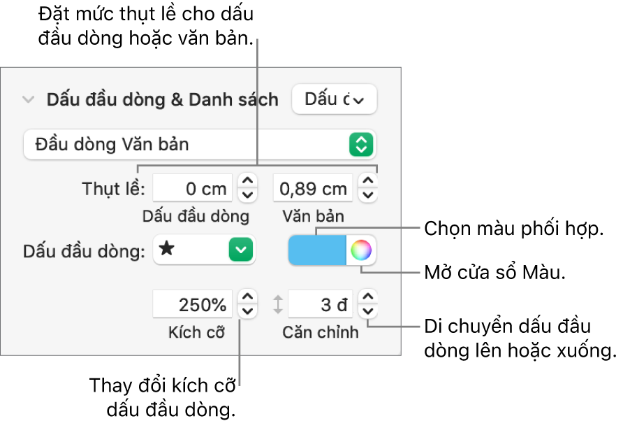 Phần Dấu đầu dòng & Danh sách với các lời nhắc đến các điều khiển cho thụt lề dấu đầu dòng và văn bản, màu dấu đầu dòng, kích cỡ dấu đầu dòng và căn chỉnh.