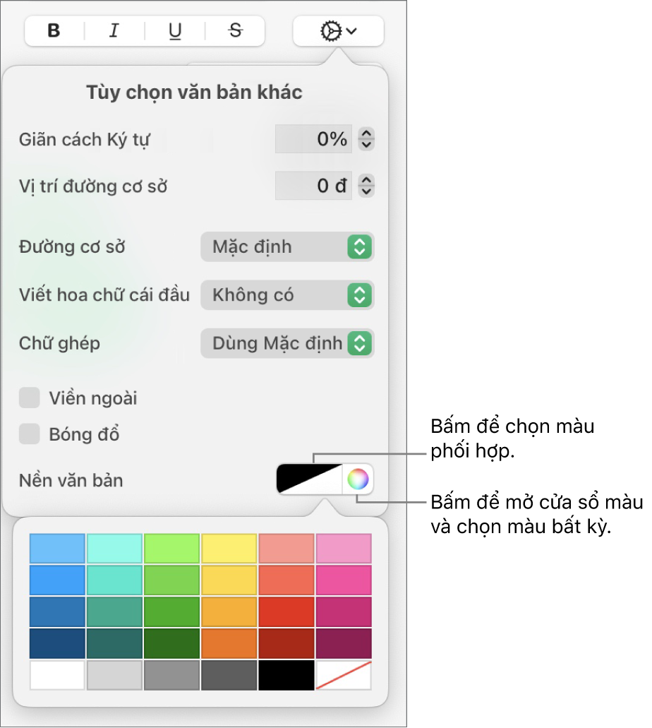 Các điều khiển để chọn kiểu tô ký tự.