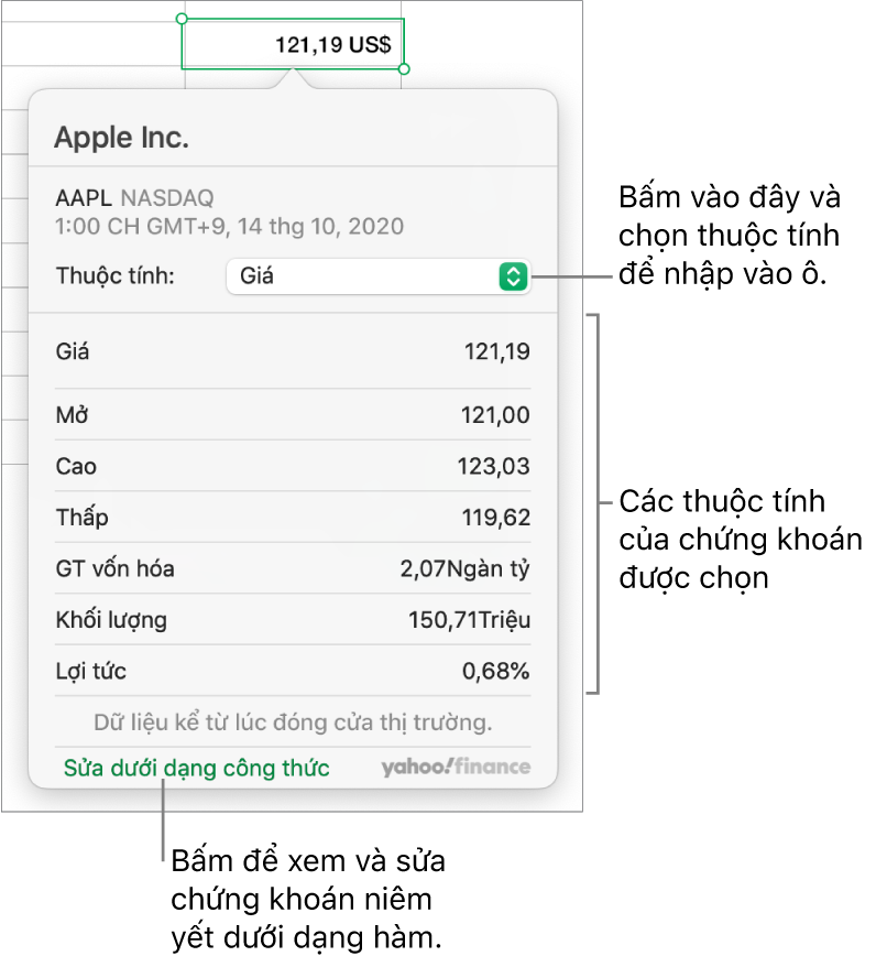 Hộp thoại để nhập thông tin thuộc tính chứng khoán, với Apple là chứng khoán được chọn.