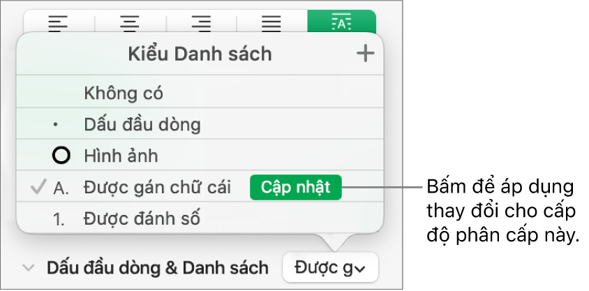 Menu bật lên Kiểu danh sách có nút Cập nhật bên cạnh tên của kiểu mới.