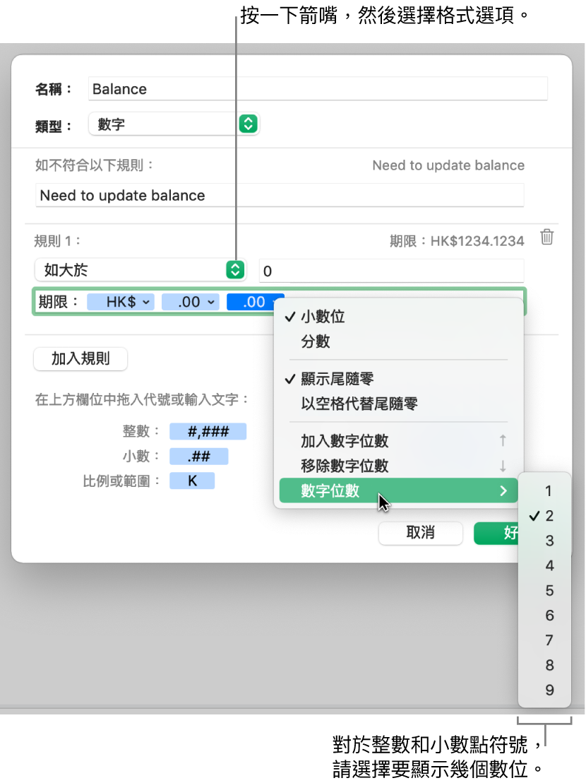 帶有選擇自訂格式選項的自訂輸入格格式視窗。