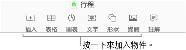 Numbers 視窗,並有說明文字指向工具列中的物件按鈕。