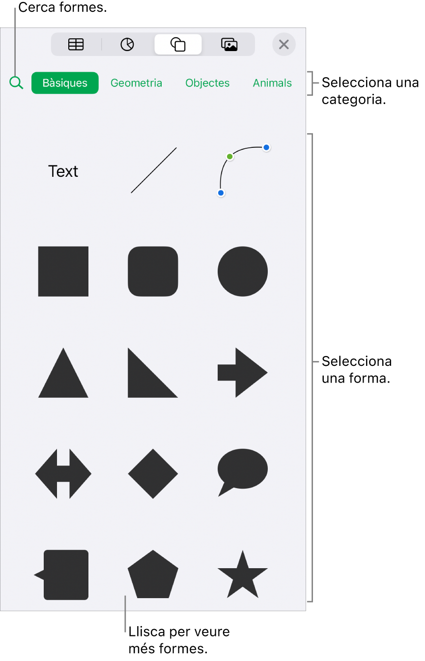 La biblioteca de formes, amb categories a la part superior i les formes a sota. Pots utilitzar el camp de cerca situat a la part superior per trobar formes i passar el dit per veure’n més.