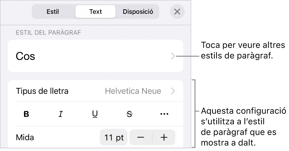 El menú Format amb els controls de text per definir els estils de paràgraf i de caràcter, el tipus de lletra, la mida i el color.