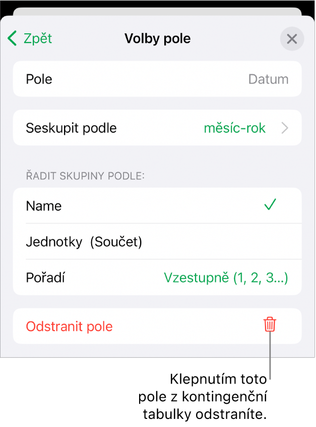 Nabídka „Volby pole“ zobrazující ovládací prvky pro seskupení a řazení dat a také volbu pro odstranění polí.