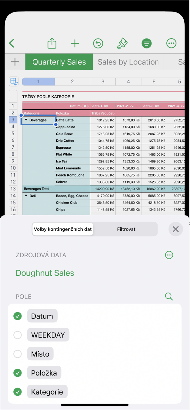 Tabulka s ovládacími prvky voleb kontingenčních dat a filtrů v dolní části obrazovky