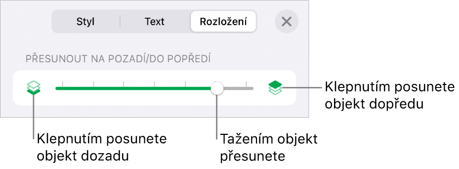 Tlačítko pro přesun vzad, tlačítko pro přesun vpřed a posuvník vrstev
