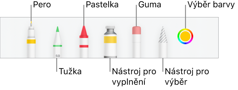 Panel nástrojů v Numbers na iPhonu pro kreslení perem, tužkou, pastelem, nástrojem výplň, nástrojem pro výběr, gumou a výběrem barev se zobrazenou aktuální barvou