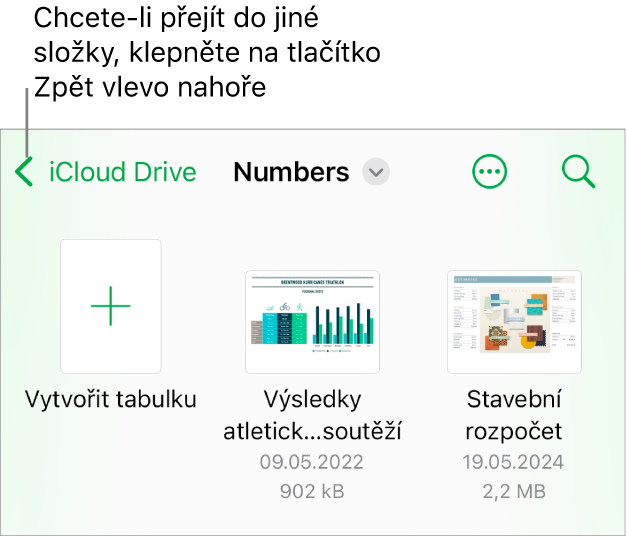Správce dokumentů v zobrazení procházení s tlačítkem Zpět v levém horním rohu a polem hledání pod ním. Pod polem Hledat je vedle náhledů existujících tabulek tlačítko Vytvořit tabulku. V pravém horním rohu se nachází tlačítko Přidat a tlačítko Další.