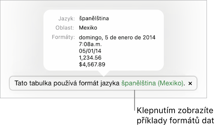 Upozornění na odlišné nastavení jazyka a oblasti s ukázkami formátování pro daný jazyk a oblast
