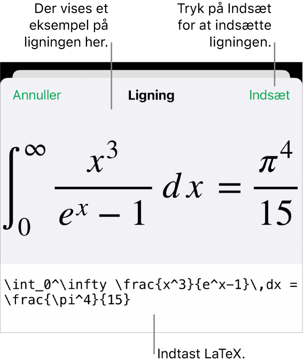 Dialogen Ligning, der viser ligningen skrevet ved hjælp af LaTex-kommandoer og derover et eksempel på formlen.