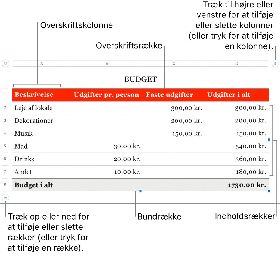 En tabel med overskrifts-, indholds- og bundrækker og -kolonner og håndtag til tilføjelse eller sletning af rækker eller kolonner.