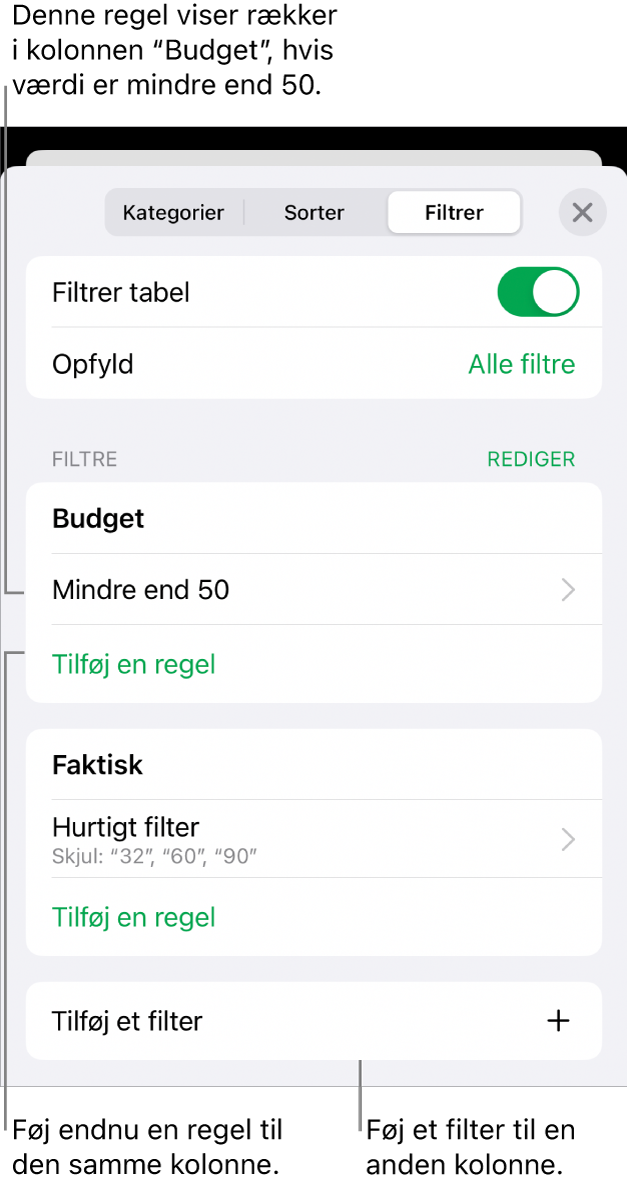 Betjeningsmuligheder til tilføjelse af nye filtreringsregler eller redigering af eksisterende.