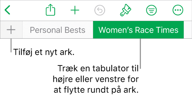 Fanelinjen til tilføjelse af et nyt ark, navigation, ændring af rækkefølge og organisering af ark.