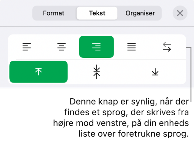 En del af formatmulighederne på menuen Format med billedforklaring til knappen Højre mod venstre.