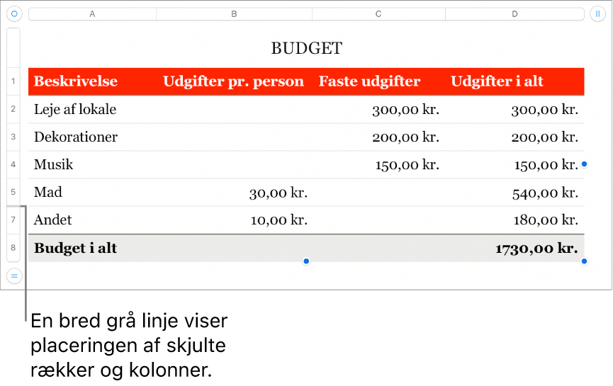En bred grå linje, som viser placeringen af skjulte rækker og kolonner
