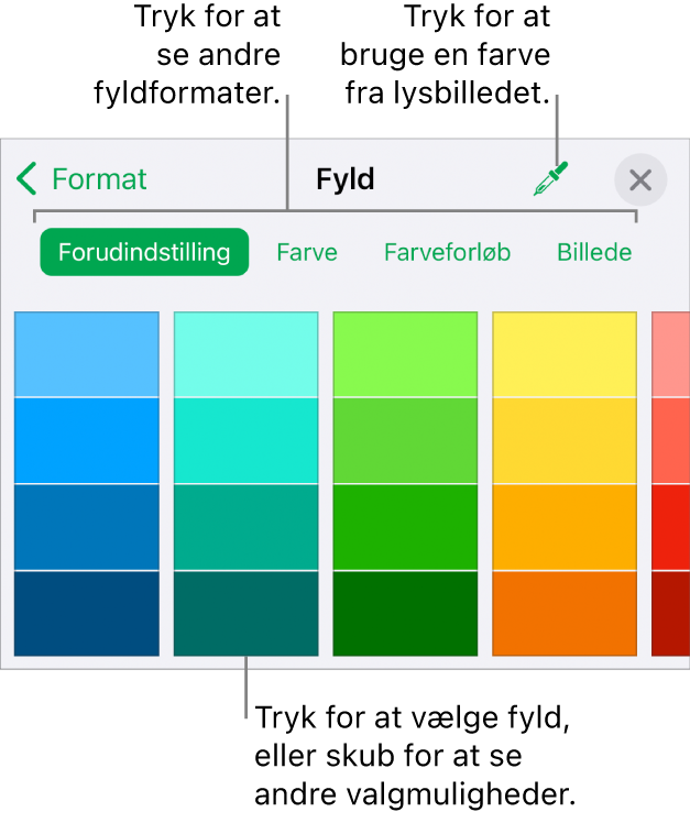 Fyldmuligheder på fanen Format til knappen Format.