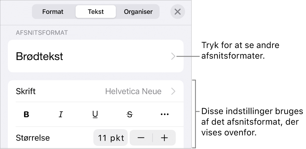 Menuen Format, der viser betjeningsmuligheder til tekst til indstilling af afsnits- og tegnformater, skrift, størrelse og farve.