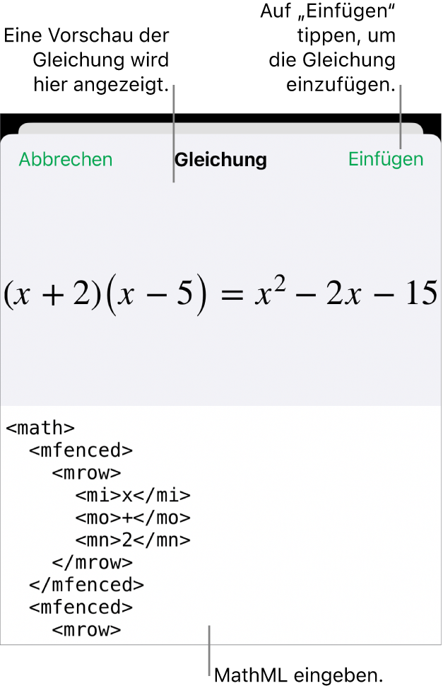 Im Dialogfenster „Gleichung“ wird eine Gleichung angezeigt, die mit MathML-Befehlen geschrieben wurde, darüber wird eine Vorschau der Formel angezeigt.