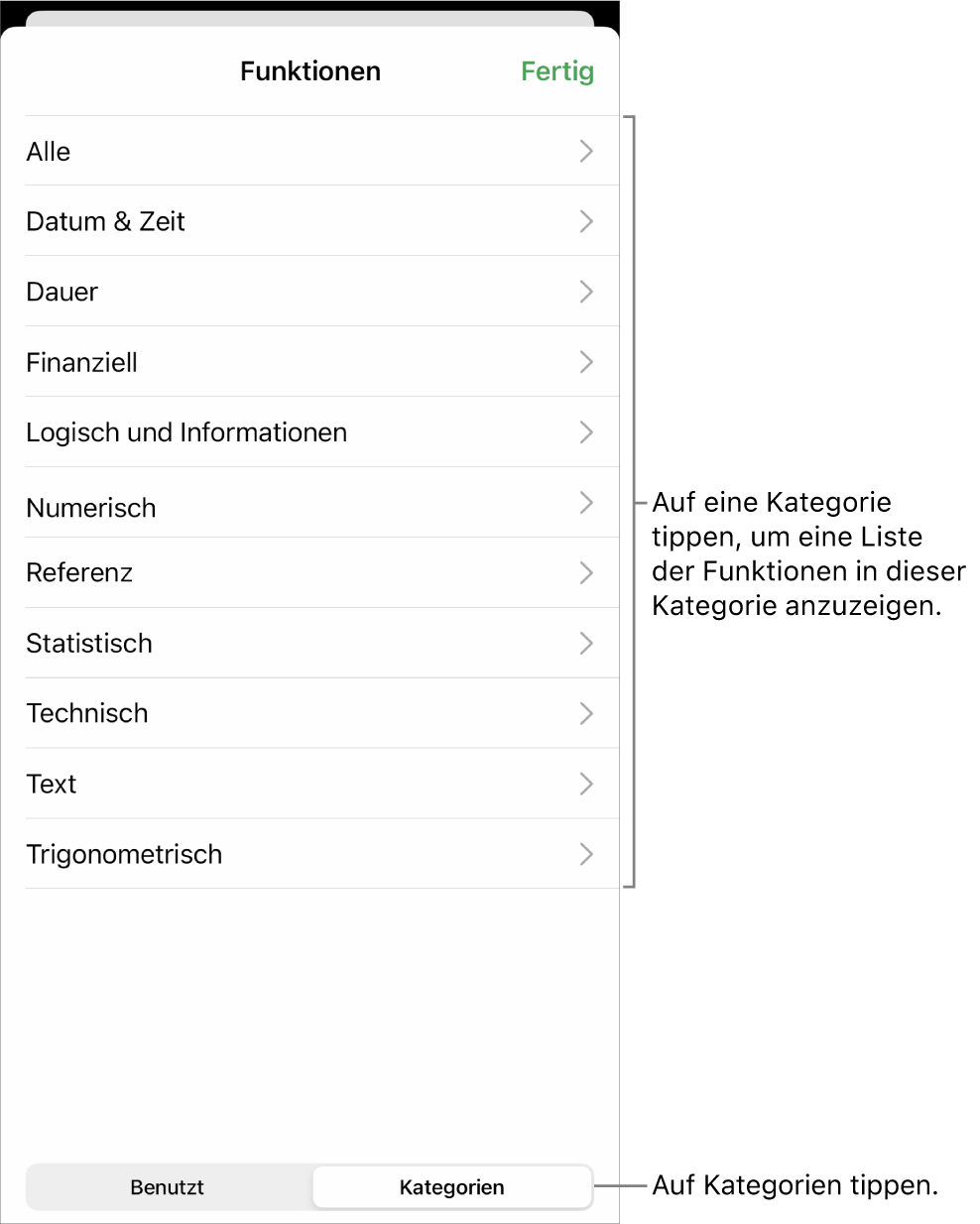 Die Funktionsübersicht mit Beschreibungen für die Taste „Kategorien“ und der Liste mit den Kategorien.