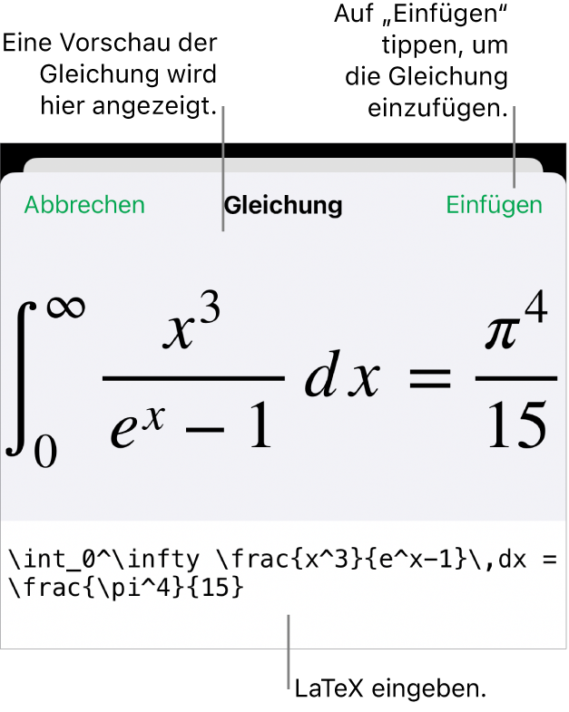 Im Dialogfenster „Gleichung“ wird eine Gleichung angezeigt, die mit LaTex-Befehlen geschrieben wurde, darüber wird eine Vorschau der Formel angezeigt.