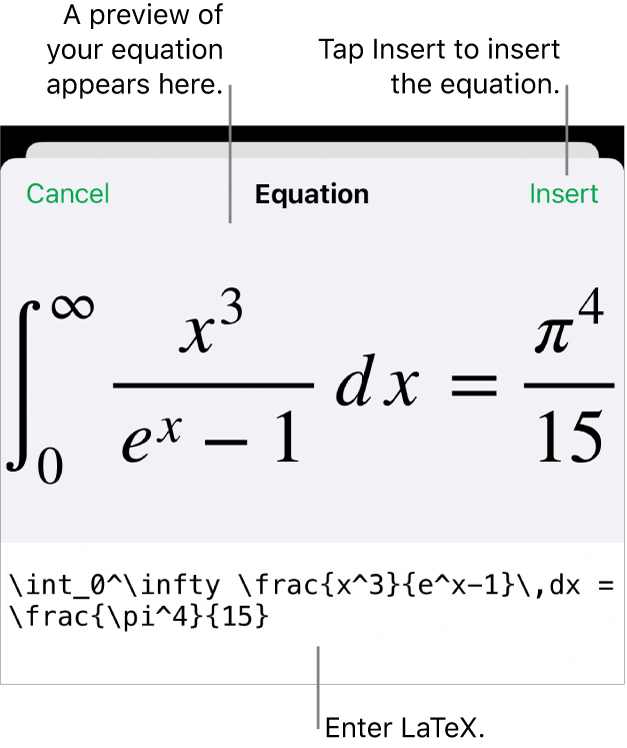 The Equation dialogue, showing an equation written using LaTex commands and a preview of the formula above.