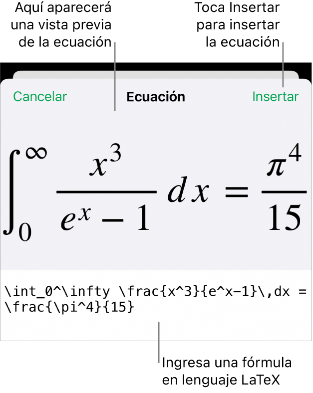 El cuadro de diálogo Ecuación con una ecuación escrita con comandos de LaTeX y una vista previa de la fórmula encima.