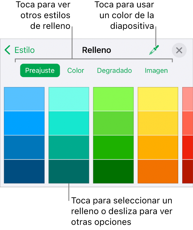 Opciones de relleno en la pestaña Estilo del botón Formato.
