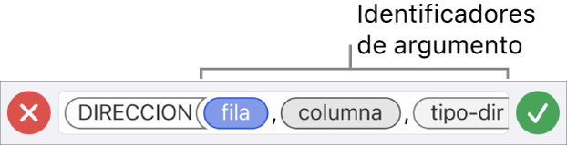 El editor de fórmulas con una función e identificadores de argumentos.