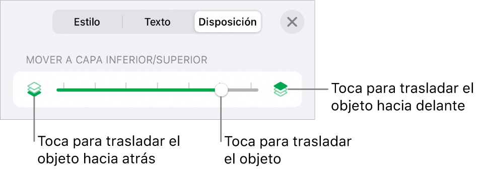 Botón “Mover hacia atrás”, botón “Mover hacia delante” y regulador de capa.