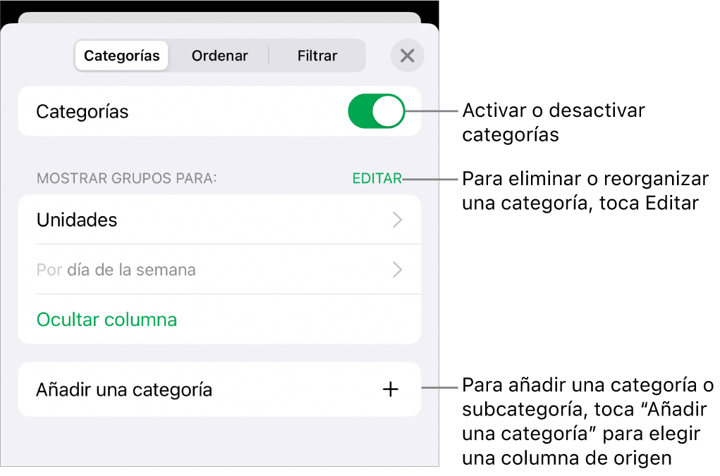 El menú Categorías para iPhone con opciones para desactivar categorías, eliminar categorías, reagrupar datos, ocultar una columna de origen y añadir categorías.