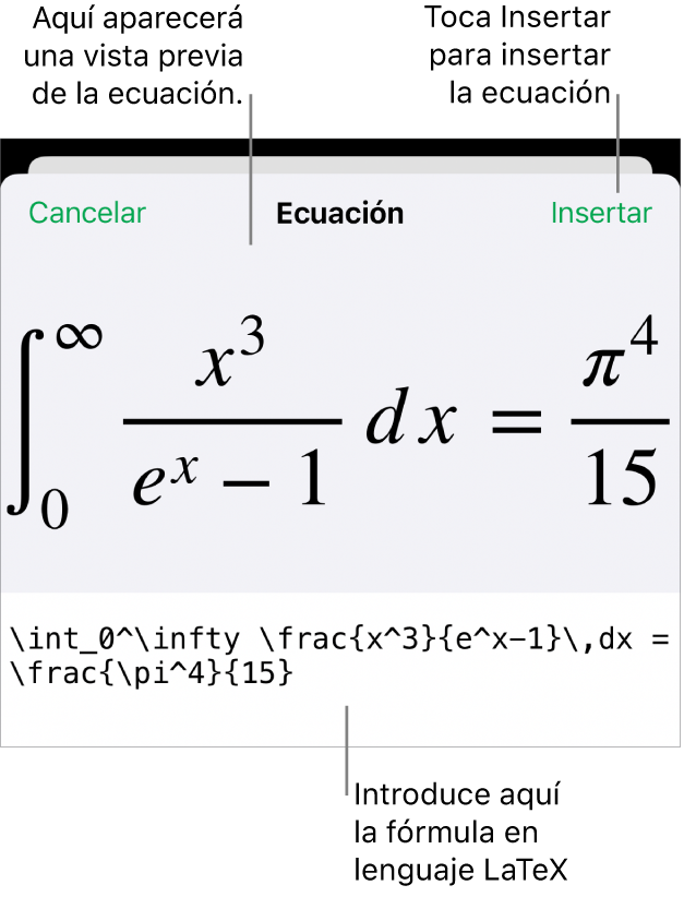 El diálogo Ecuación con una ecuación escrita con comandos de LaTeX y una previsualización de la fórmula encima.