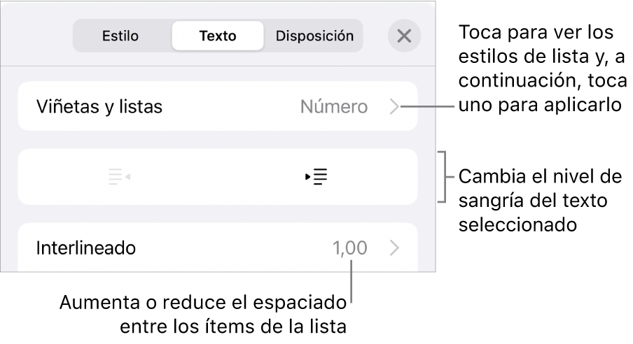 La sección “Viñetas/listas” de los controles de formato con llamadas a “Viñetas/listas”, los botones de sangría o de sangría izquierda, y los controles de interlineado.