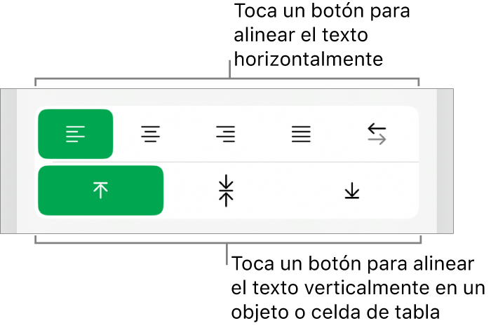 Botones de alineación horizontal y vertical para el texto.