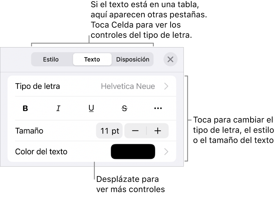 Controles de texto en el menú Formato para configurar los estilos de párrafo y carácter, tipo de letra, tamaño y color.