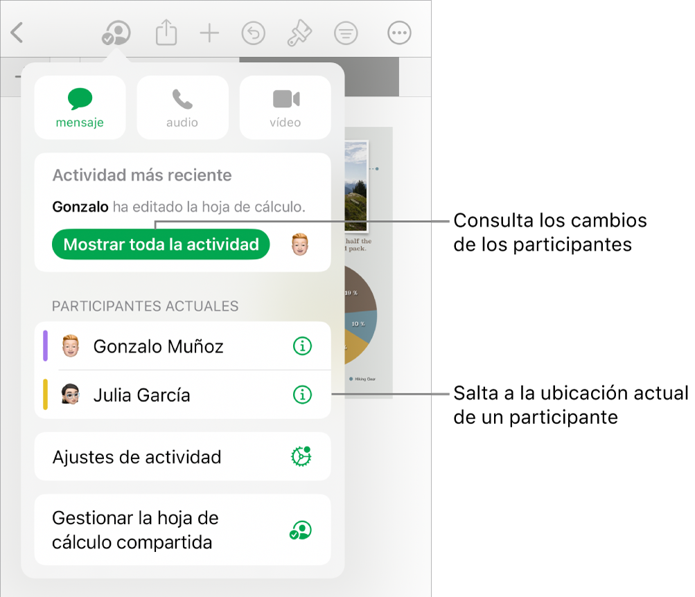 El menú de colaboración con los participantes actuales.