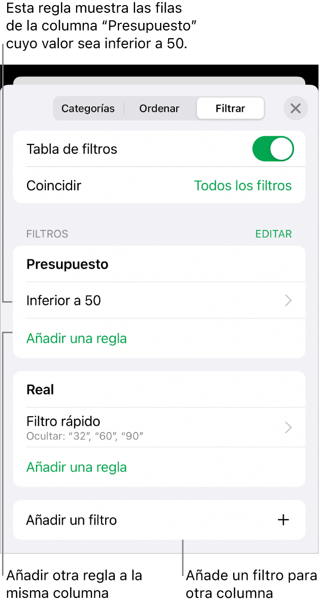 Controles para añadir reglas de filtro nuevas o editar las existentes.