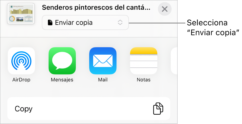 El menú Compartir con la opción “Enviar copia” seleccionada en la parte superior.