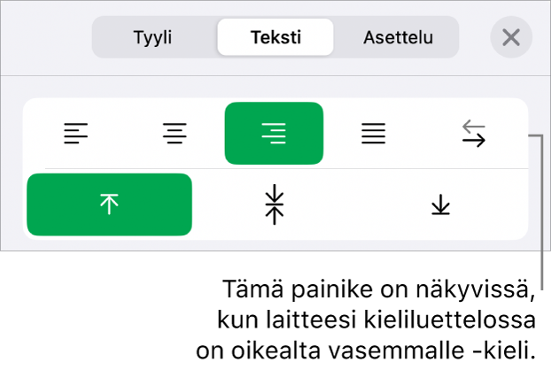 Muoto-painikkeen Tyyli-valikko ja Oikealta vasemmalle -painikkeen selite.