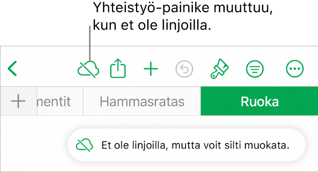 Näytön yläreunassa olevat painikkeet, joista Yhteistyö-painike on muuttunut pilven kuvaksi, jonka läpi menee vinottainen viiva. Näytöllä näkyvässä ilmoituksessa lukee ”Et ole linjoilla, mutta voit silti muokata.”