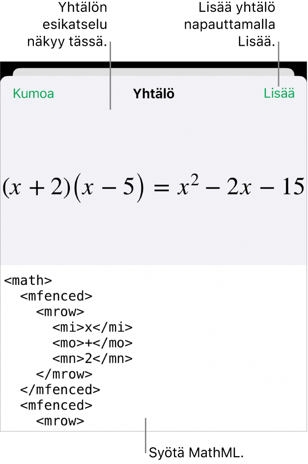 Yhtälö-valintaikkuna, jossa näkyy MathML-komentoja käyttäen syötetty yhtälö, ja yllä kaavan esikatselu.