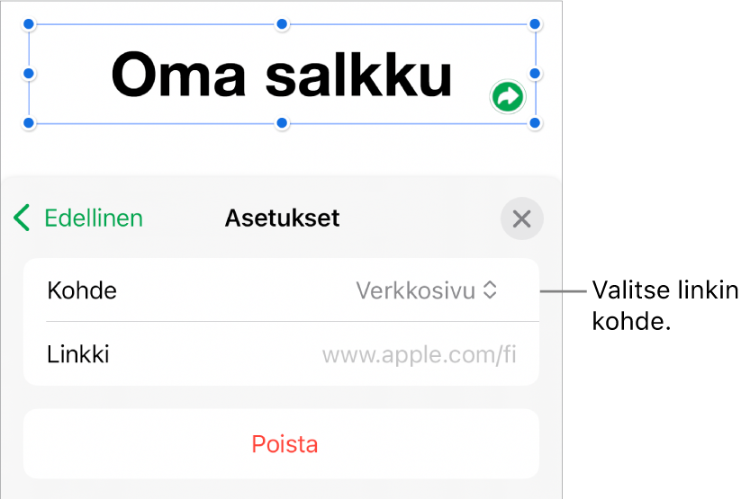 Linkkiasetukset-säätimet, joissa on valittuna Verkkosivu ja alhaalla on painike Poista.