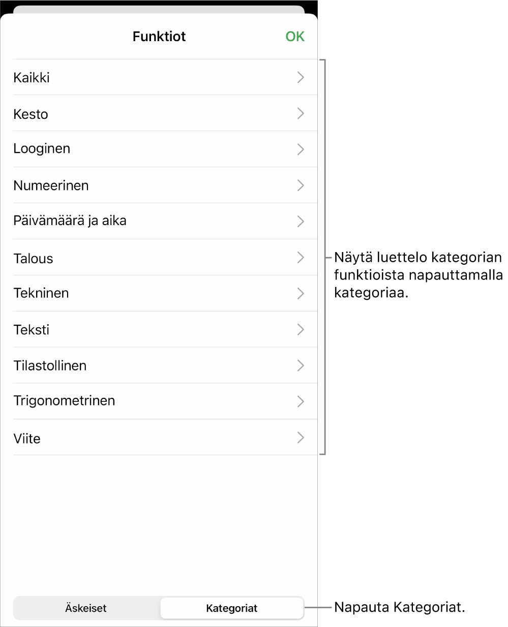 Funktioselain, jossa on valittuna Kategoriat-painike ja alla kategorialuettelo.