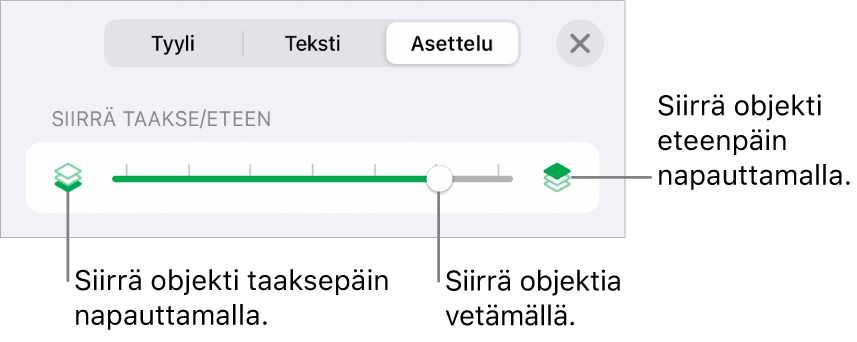 Siirrä taakse -painike, Siirrä eteen -painike ja kerrosliukusäädin.