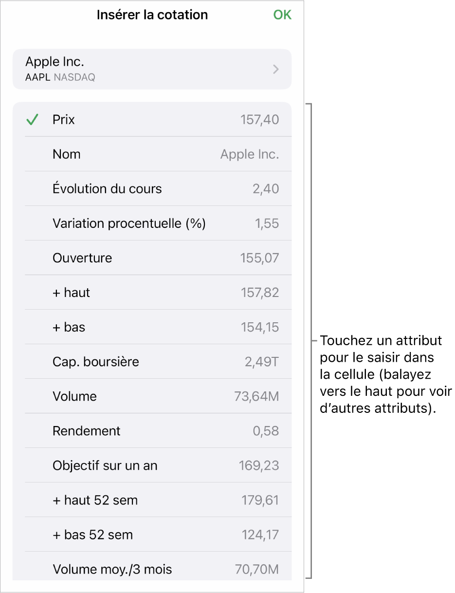 Fenêtre contextuelle Cotation dont le nom de l’action apparaît en haut et les attributs d’action sélectionnables, notamment le cours, le nom du cours, son évolution, cette évolution en pourcentage et le cours à l’ouverture apparaissent en bas.