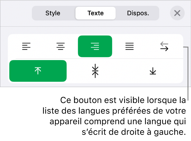 La section Texte du menu Format avec une légende pour le bouton De droite à gauche.