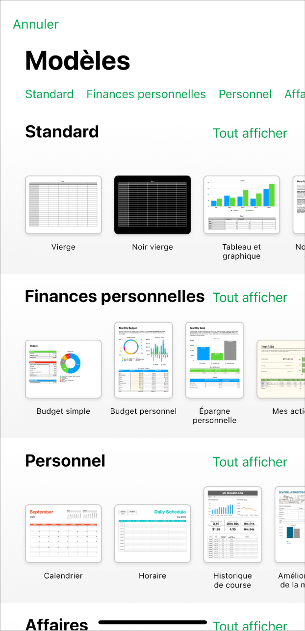 Le sélecteur de modèles affiche en haut une rangée de catégories que vous pouvez toucher pour filtrer les options. En dessous, des vignettes de modèles prédéfinis sont disposées en rangées par catégorie, en commençant en haut par Standard, suivi de Finances personnelles, Personnel et Affaires. Un bouton « Voir tout » apparaît au-dessus et à droite de la ligne de chacune des catégories. Le bouton Annuler se trouve dans le coin supérieur gauche.