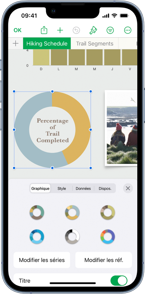 Diagramme circulaire affichant les pourcentages des randonnées terminées. Le menu Format est également ouvert, affichant différents styles de tableaux parmi lesquels choisir, ainsi que l’option de modifier les séries ou les références de graphique et d’activer ou de désactiver le titre du graphique.