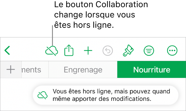 Les boutons en haut de l’écran, avec le bouton Collaboration qui se transforme en un nuage traversé par une ligne diagonale. Une alerte à l’écran indique « Vous êtes hors ligne, mais pouvez quand même apporter des modifications ».